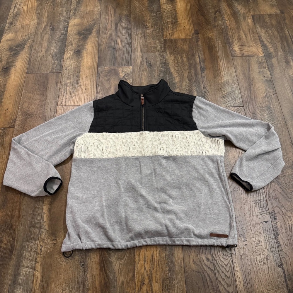 BKE Womens L Quarter Zip Pullover Quilted Cable Knit Fleece Colorblock Sweater